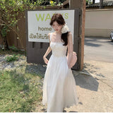 Elegant Beach Party White Midi Dresses for Women Summer New Korean Fashion Casual Sleeveless Slim Flower Female Clothing