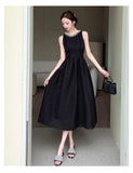 Elegant Black Midi Dress for Women Summer New Fashion Sleeveless A-line Pleated Solid Office Casual Korean Female Clothing