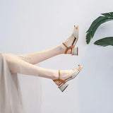 Fairy Style Square Head Color Contrast Open-toe Sandals Summer Thick Heel Fashion One-word Buckle Roman High Heel Women