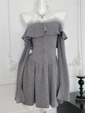 Korean Sweet Mini Dress Sexy Gray Off Shoulder Long Sleeves Lace-up A-Line Party Dresses Y2K Female One Piece Vestidos Mujer New