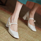 Rimocy Pearl Patent Leather High Heels Mary Janes Woman Spring Elegant Square Toe Women's Pumps Red Office Ladies Shoes