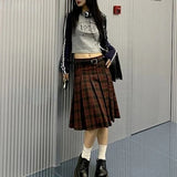 Autumn Korean Fashion Vintage Literary Low Waist Pleated Skirts Women Plaid Knee-length Preppy Style All-match Casual Students