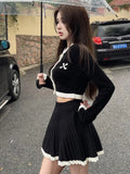 Y2k Hight Waist Skirt 2 Piece Suit Korean Chic Patchwork Knitted Outfits Autumn Short Jumper Pleats Mini Skirt Set Women New