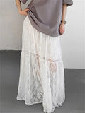 White Printed Lace Maxi Skirt For Women High Waist Fashion See-Through Patchwork Summer Fashion Ladies Long Skirt New