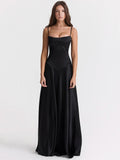 Lace-up Satin Maxi Slipdress Women Black Spaghetti Strap Sleeveless Backless Maxi Dress Femme Club Party Evening Dress