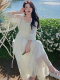 Elegant Irregular Ruffles Long Dress Women New Autumn Solid Square Collar Beach Vocation Korean Chic Female Casual Vestidos New