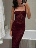 Elegant Burgundy Lace Backless Maxi Dress Women Sexy Square Neck Sleeveless Bodycon Sling Dresses New Lady High Street Robe