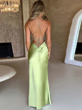 Sexy Strapless Satin Maxi Dress Women Open Back High Slit Slim Dress Women Spring Summer Elegant Party Club Vestidos