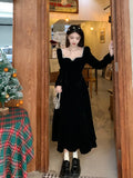 Vintage Evening Party Velvet Dresses for Woman Elegant Fashion Wedding Birthday Prom Long Sleeves Female Clothing Black Robe