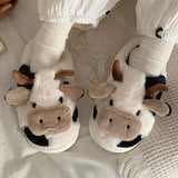 Women's Cartoon Cute Cow House Slippers Warm Plus Lined Closed Toe Fuzzy Home Slides Women's Fluffy Comfy Shoes Winter Autumn