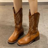 Embroidered Western Boots for Women  Autumn Winter PU Leather Mid-Calf Boots Woman Thick Heeled Cowboy Booties Female