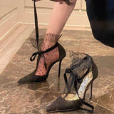 Spring and summer new pointed hollow suede bow mesh sandals thin high-heeled banquet dress versatile sexy women's sandals