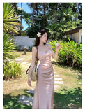 Summer Sexy Backless Satin Straps Midi Dresses for Women Elegant Party Sleeveless Female Clothing Beach Holiday Pink New