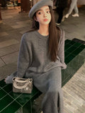 Elegant Knitted Women's Two Pieces Set Solid Loose Pullover Sweater + Split Straight Skirt Casual Outfits Female Clothing Sets