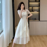 Elegant Fashion Casual Ruffle Midi Dresses for Women Summer New Korean Style Chic Short Sleeve Chiffon Pink Female Clothing