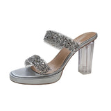 Summer New Thick Sole Thick Heel Slippers for Women Wearing Silver Open Toe Double Striped High Heel Sandals with Sequins