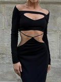 Hollow Out Long Sleeve Sexy Maxi Dress For Women Black Solid Backless Bodycon Club Party Sexy Long Dress Elegant