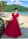 Elegant Beach Holiday Long Dresses for Women Summer New Vintage Lace-up Drawstring V-neck Casual Sweet Slim Female Clothing