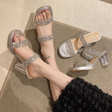 Summer New Thick Sole Thick Heel Slippers for Women Wearing Silver Open Toe Double Striped High Heel Sandals with Sequins