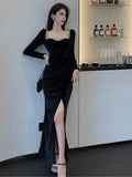 Bodycon Sexy Party Dresses Women Winter Black Evening Elegant Long Dress Ladies France Vintage Split Fishtail Vestidos Autumn