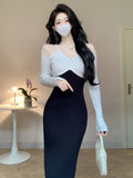 Vintage Long Sleeve Knitted Sweater Midi Dresses for Women Autumn Winter Elegant Party Korean Sexy Bodycon Female Clothing