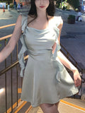 Elegant Sleeveless Satin Mini Dress Women Summer Korean Short Design Spaghetti Strap Vintage Fairy Sweet Female Clothing