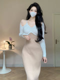 Vintage Long Sleeve Knitted Sweater Midi Dresses for Women Autumn Winter Elegant Party Korean Sexy Bodycon Female Clothing