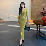 Sexy Bodycon Knitted Skirt Suits for Women Elegant V-Neck Long Sleeve Pleated Top Solid Skirt 2 Pieces Set Korean New Vestidos