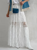 White Printed Lace Maxi Skirt For Women High Waist Fashion See-Through Patchwork Summer Fashion Ladies Long Skirt New