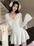 Elegant Knitted Dress Woman Lace-up V-Neck Slim Sweater Dresses Fashion Birthday Party Mini Dress Solid Chic A-Line Vestidos New