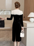 Elegant Patchwork Black Velvet Midi Dresses for Women Autumn Vintage Wedding Party Slim Long Sleeve One Piece Female Clothes New