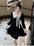 French Princess Womens Dresses Y2K Sweet Bow Lace-up Long Sleeves Birthday Party Mini Dress Female One Piece A-Line Vestidos New