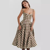 Palace Style Plaid Print A-line Dress Women Spaghetti Strap Spring Summer Dress Elegant Midi Long Party Dresses