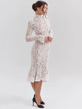 Lace Long Sleeve Sexy Midi Dress For Women Elegant White Half High Collar High Waist Bodycon Club Party Sexy Long Dress