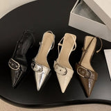 Punk Goth Metal Buckle High Heels Sandals Women Summer Pointed Toe Silver Party Shoes Woman Korean Style Thin Heels Sandals