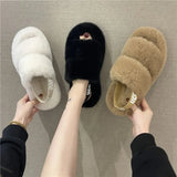 5CM Winter Women Fur Platform Slippers Fashion Big Size Flip Flops  Short Plush Flats Home Cotton Shoes Soft Ladies Slipper