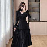 Autumn New Elegant Chic Satin Midi Dresses for Women Fashion V-neck Long Sleeve Pleated Ruffles Prom Party Female Clothing