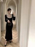 Vintage Fashions Black Long Sleeves Velvet Midi Dresses for Women Autumn New Elegant Chic Evening Birthday Party Female Clothing