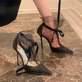 Breathable lace mesh high heels for women's new summer internet celebrity sandals pointed toe thin heel mesh Roman sandals