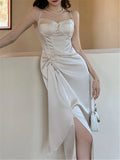 Elegant Vintage Midi Dresses for Women Sleeveless Fashion Spli Solid Square Collar Spaghetti Strap Party Dress New Summer