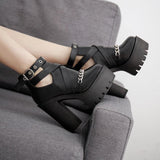 Black Gothic Buckle Round Toe Chain Platform Boots MK15114