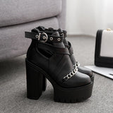 Black Gothic Buckle Round Toe Chain Platform Boots MK15114