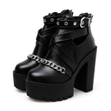 Black Gothic Buckle Round Toe Chain Platform Boots MK15114