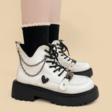 Chain Decor Love Heart Platform Round White Toe Boots