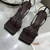 Square Head Ankle Strap Sandals Women Fashion High Heel Gladiator Narrow Band Party Dress Pump Shoes