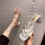 Summer Luxury Women's Sandals For Weddings Bride Shoe Golden Sandal Rhinestone Snake Wrap High Heel Birthday Party Shoes