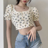 Pphmm Summer Women T-Shirts Vintage Printing Fashion Lac Tops  Streetwear Bubble Sleeve High Waist T-Shirt Female Tee Slim