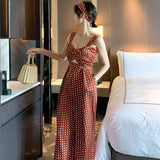 Women Summer Vintage Jumpsuit Overalls Polyester V-neck Wide Leg Pants Hollow Out Sling Dot Jumpsuits Rompers with Pocket