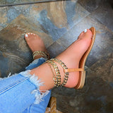 Summer New Style Flat Sandals Fashion Solid Color Chain Open Toe Outdoor Women's Shoes Plus Size 43