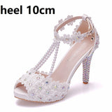 Crystal Queen Ankle Strap Women Sweet Fashion White Colored Floral Stilettos Party Tassel Bridal Wedding Shoes High Heel